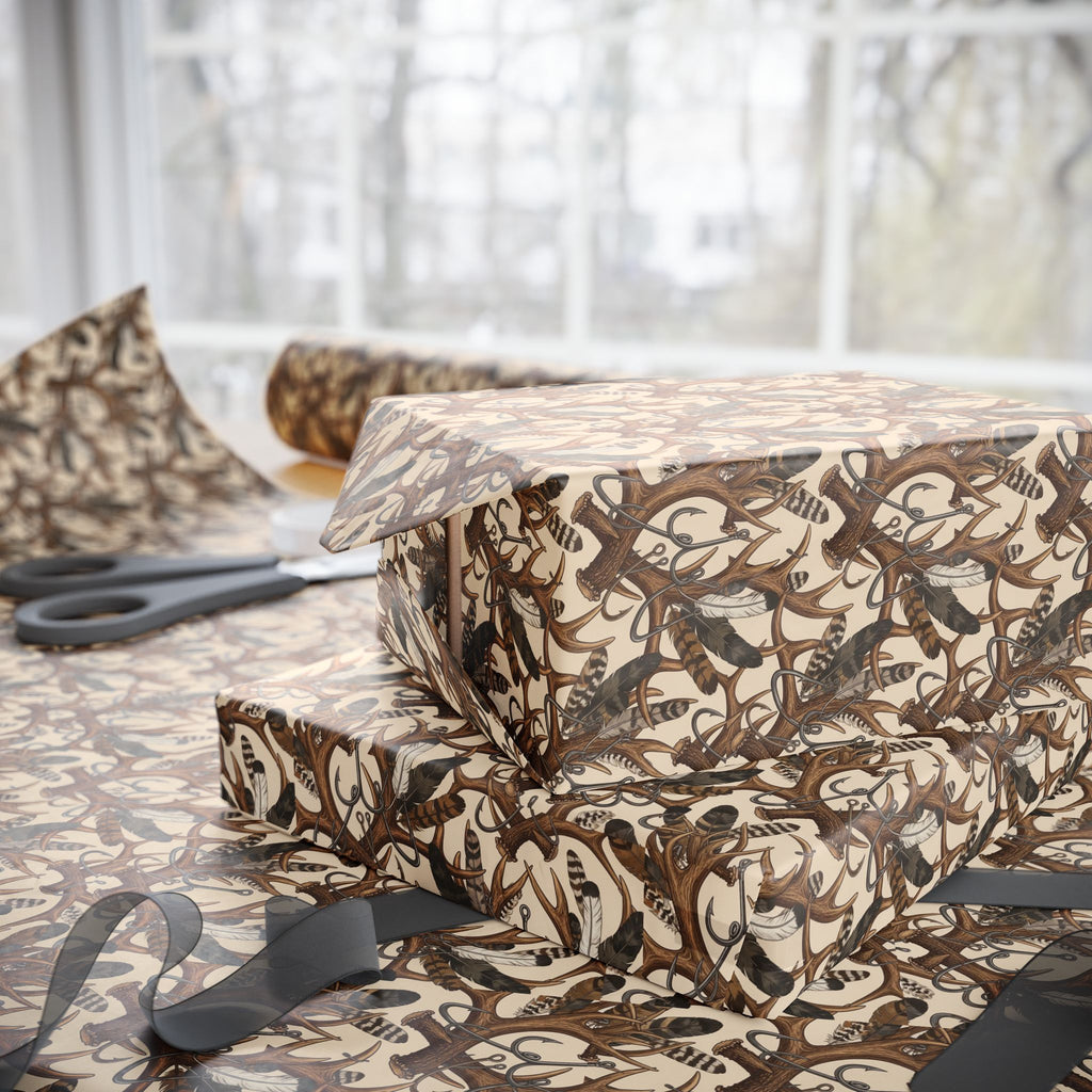 Brown Hunters Antler Pattern Wrapping Paper | Vintage Botanical Gift Wrap