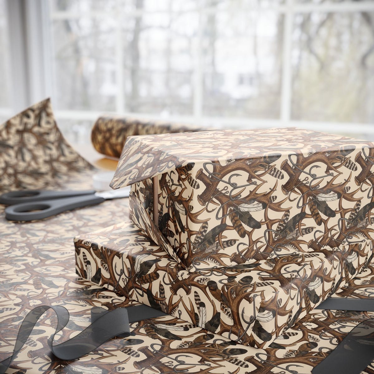 Brown Hunters Antler Pattern Wrapping Paper | Vintage Botanical Gift Wrap