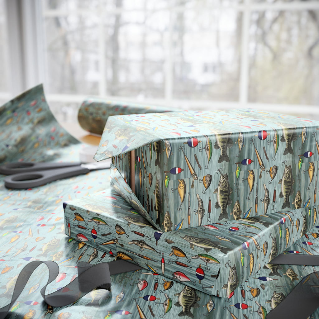 Fishing Lures Pattern Wrapping Paper | Nautical Fish Hooks, Buoys, Ocean Theme