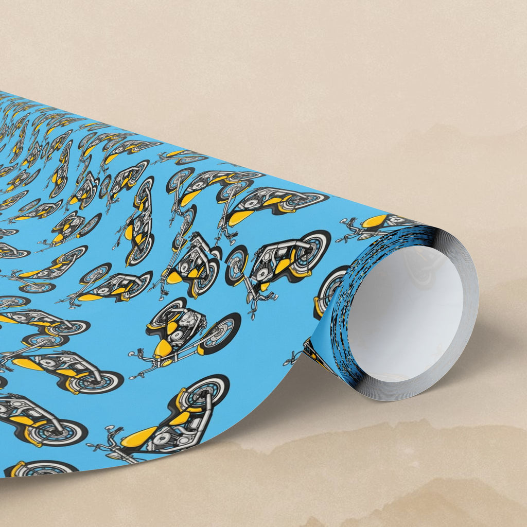 Retro Motorcycle Pattern Wrapping Paper | Blue Vintage Bikes Gift Wrap