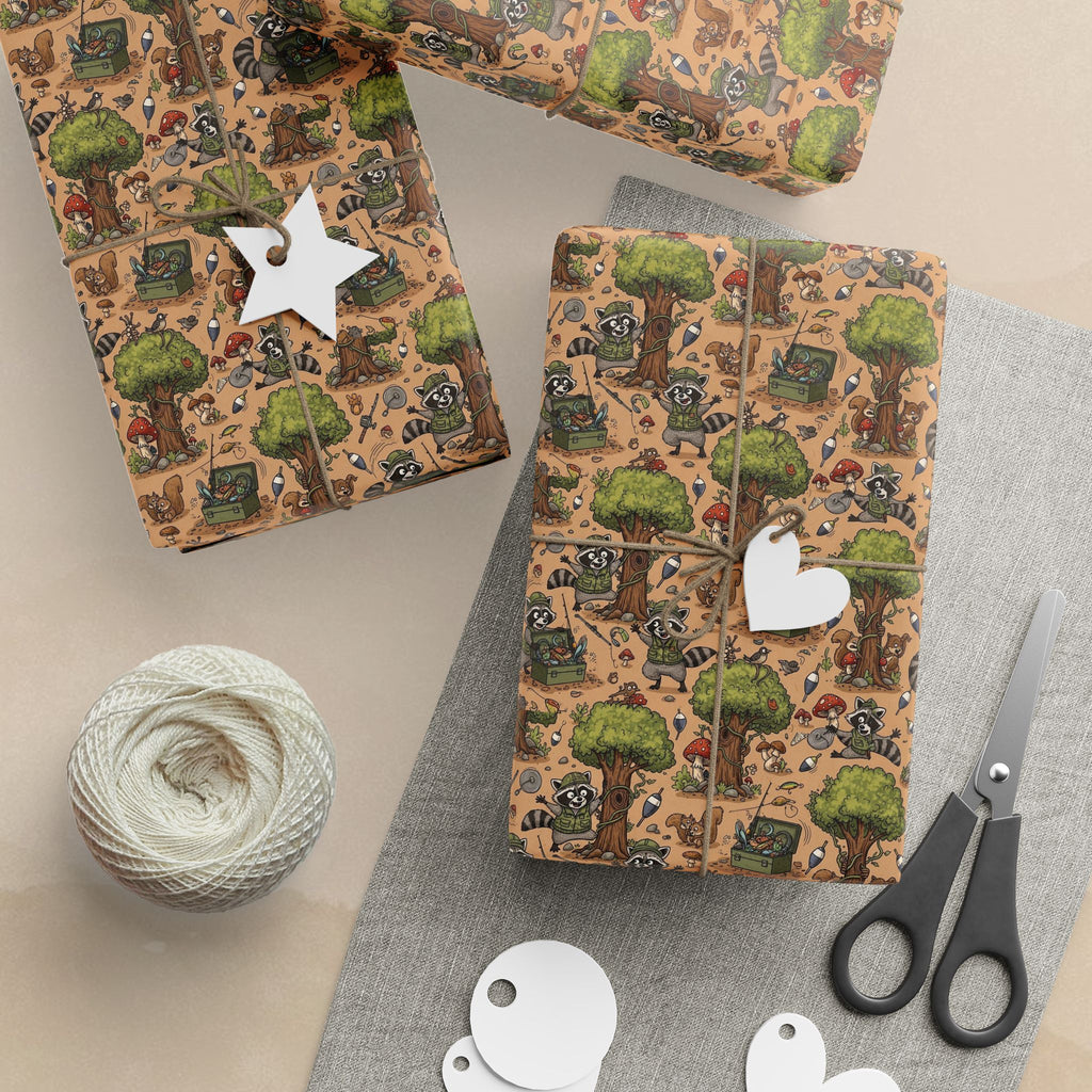 Camping Racoon Pattern Wrapping Paper | Outdoor Camper Tents Trees RVs