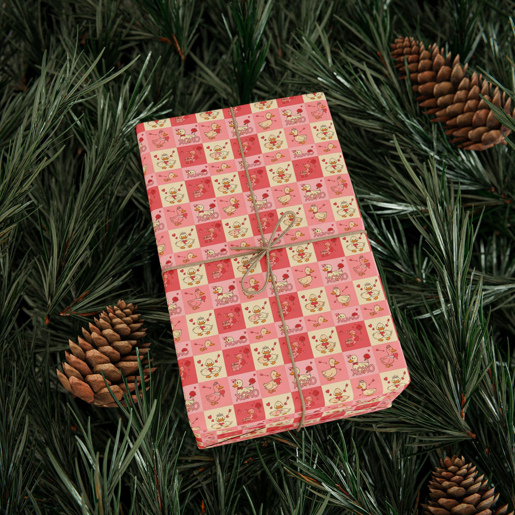 Kawaii Heart duck Checkerboard Wrapping Paper | Roll