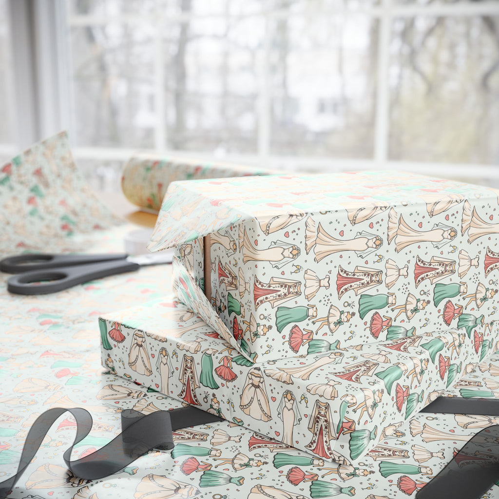 Hand-Drawn Wedding Dresses Wrapping Paper | Mushroom Pattern Gift Wrap