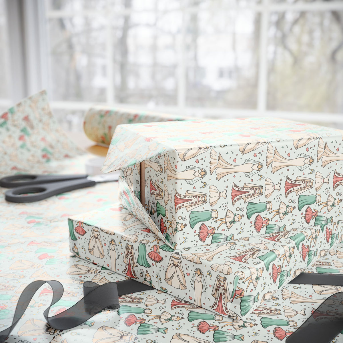 Hand-Drawn Wedding Dresses Wrapping Paper | Mushroom Pattern Gift Wrap