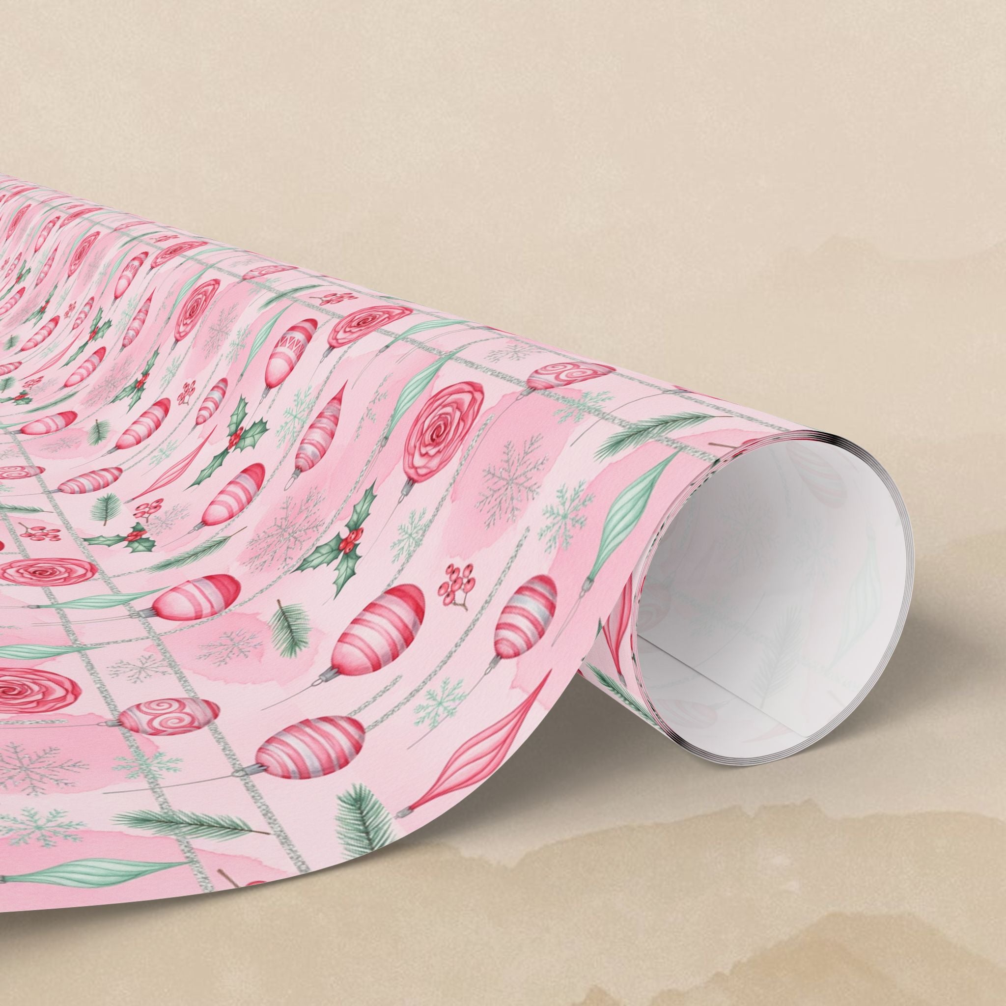 Pink Floral Ornaments Wrapping Paper | Holiday Rose Pattern