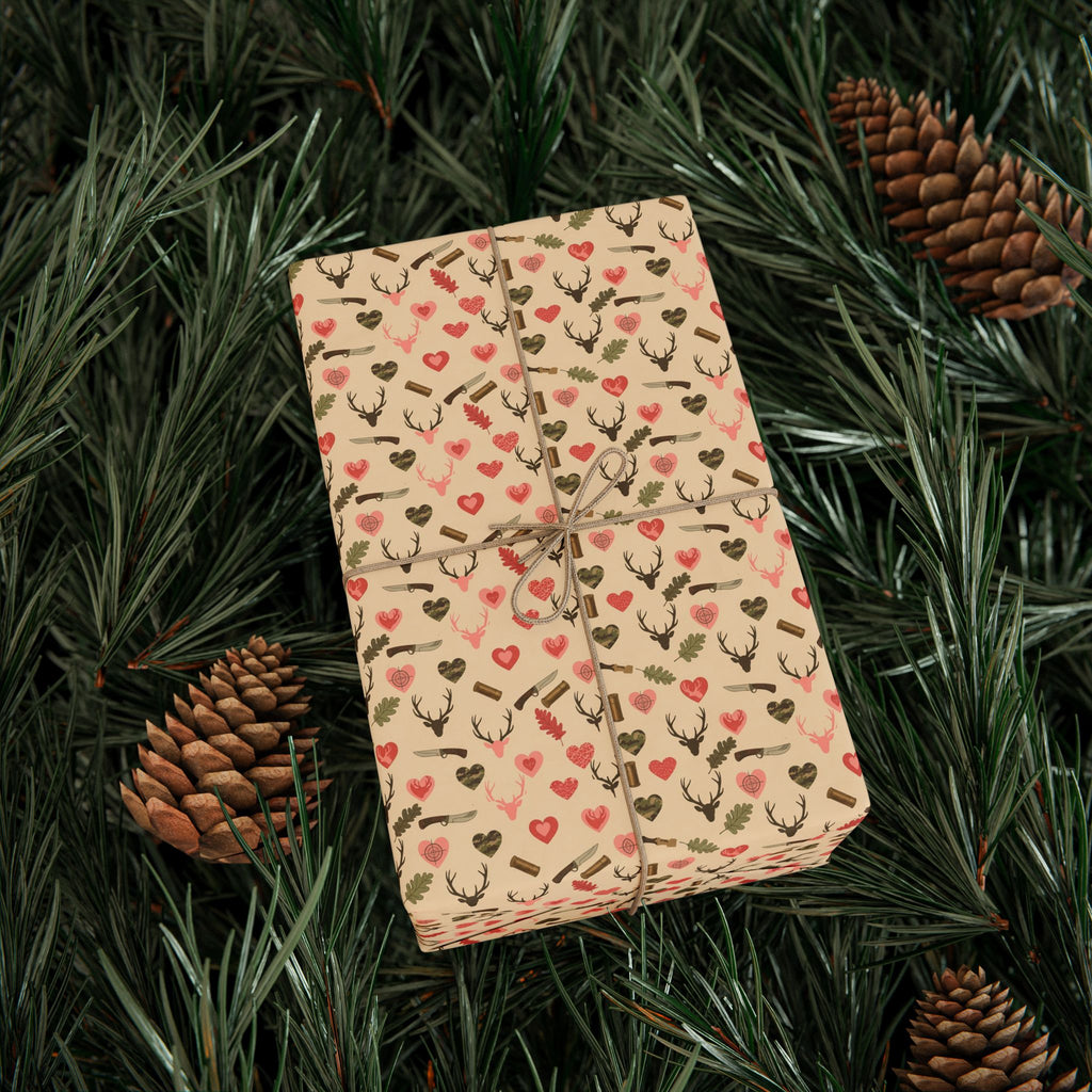 Heart and Camo Pattern Wrapping Paper | Floral Neutral Kraft Roll