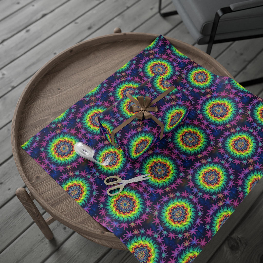 Psychedelic Mandala Marijuana Leaf Pattern Wrapping Paper | Rainbow Tie Dye Circles