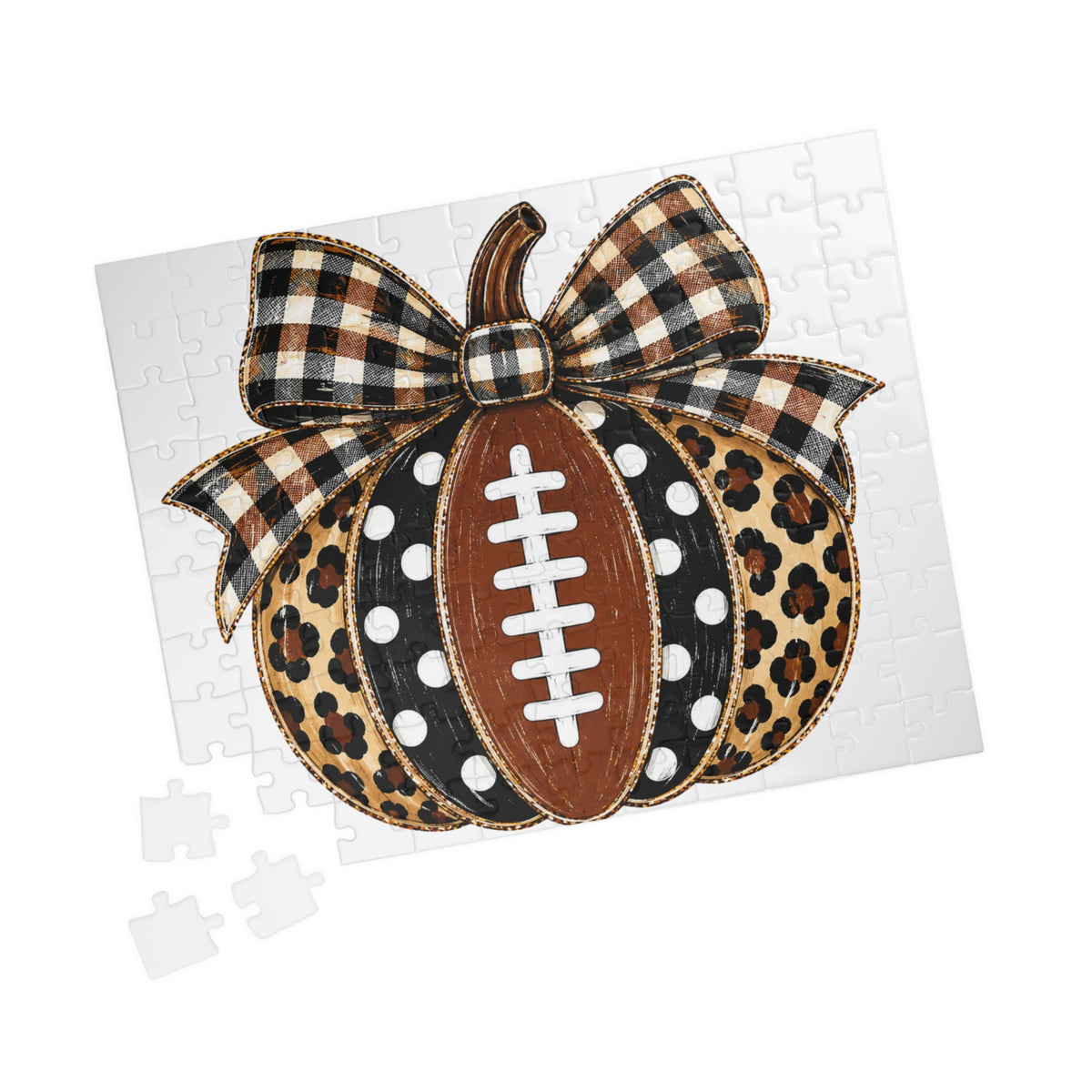 Leopard Buffalo Plaid Pumpkin Football puzzle | Fall Autumn Jigsaw