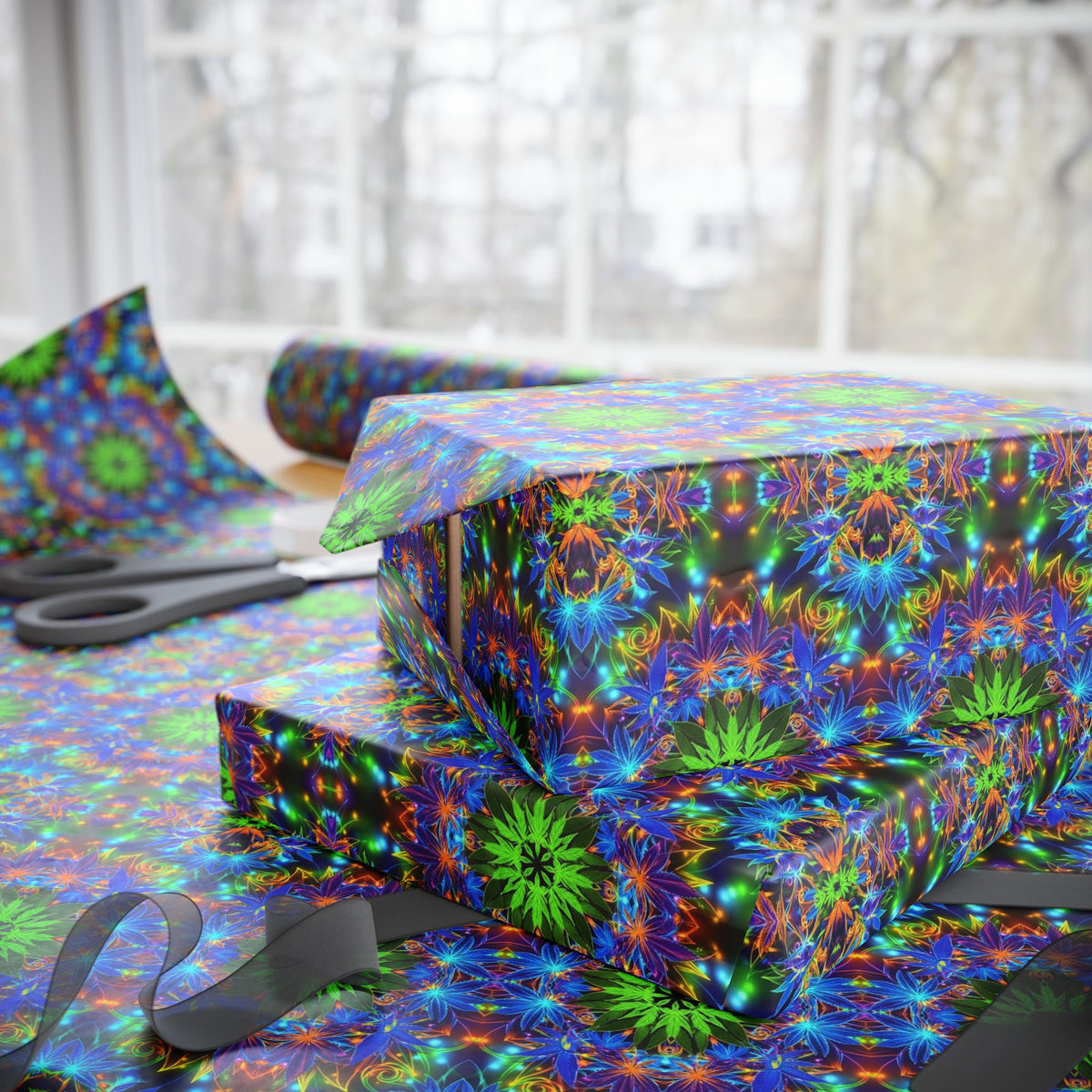 Kaleidoscope Marijuana Plant Wrapping Paper | Psychedelic Geometric Gift Wrap