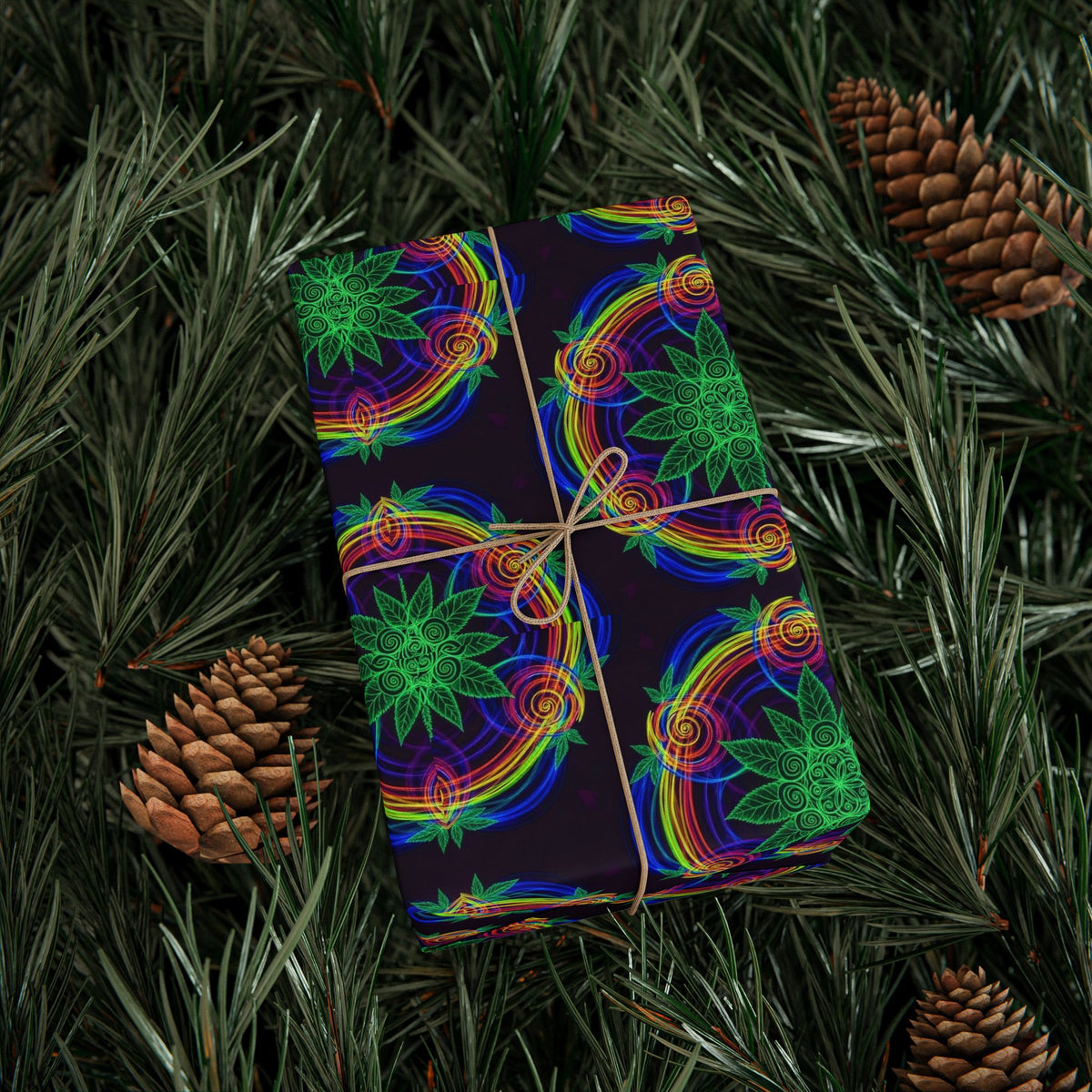 Neon Mandala Marijuana Pattern Wrapping Paper | Psychedelic Floral Gift Wrap