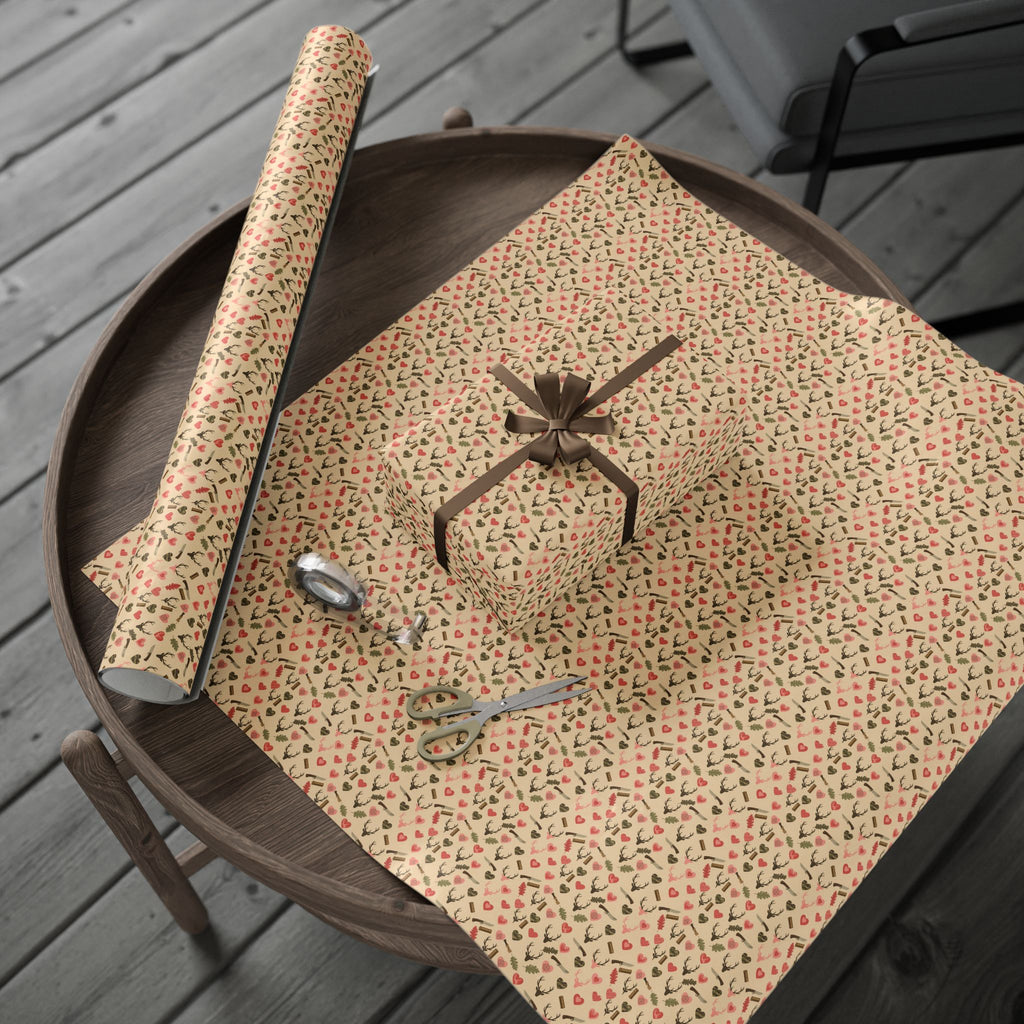 Heart and Camo Pattern Wrapping Paper | Floral Neutral Kraft Roll