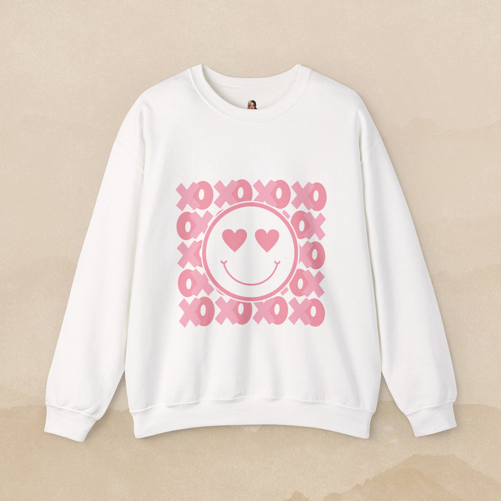 Heart Eyes Smiley Sweatshirt | Pink XO Pattern Crewneck