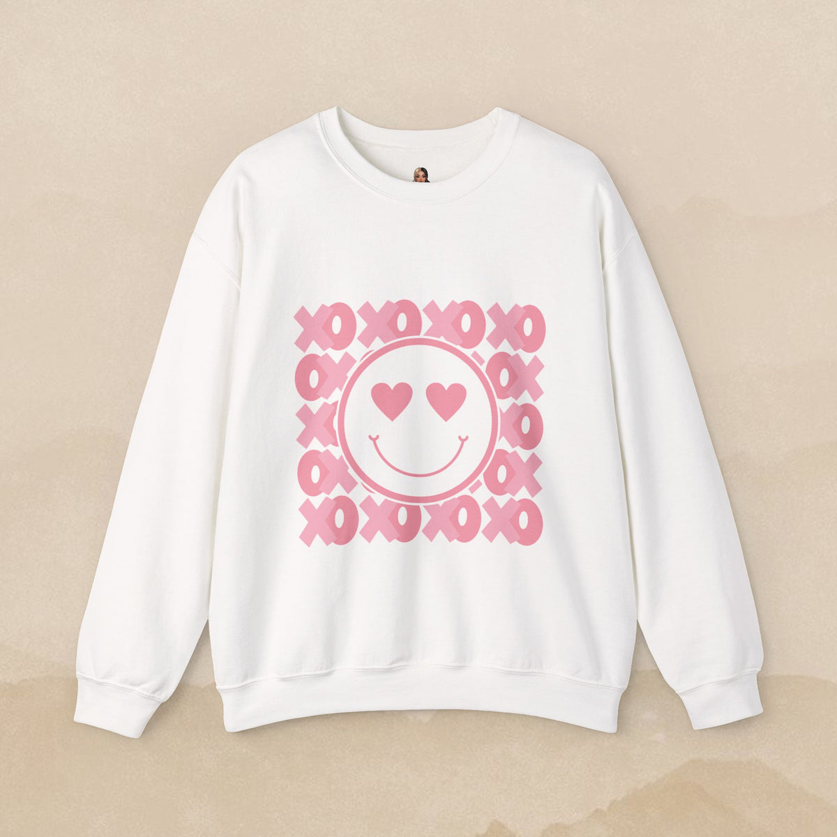Heart Eyes Smiley Sweatshirt | Pink XO Pattern Crewneck