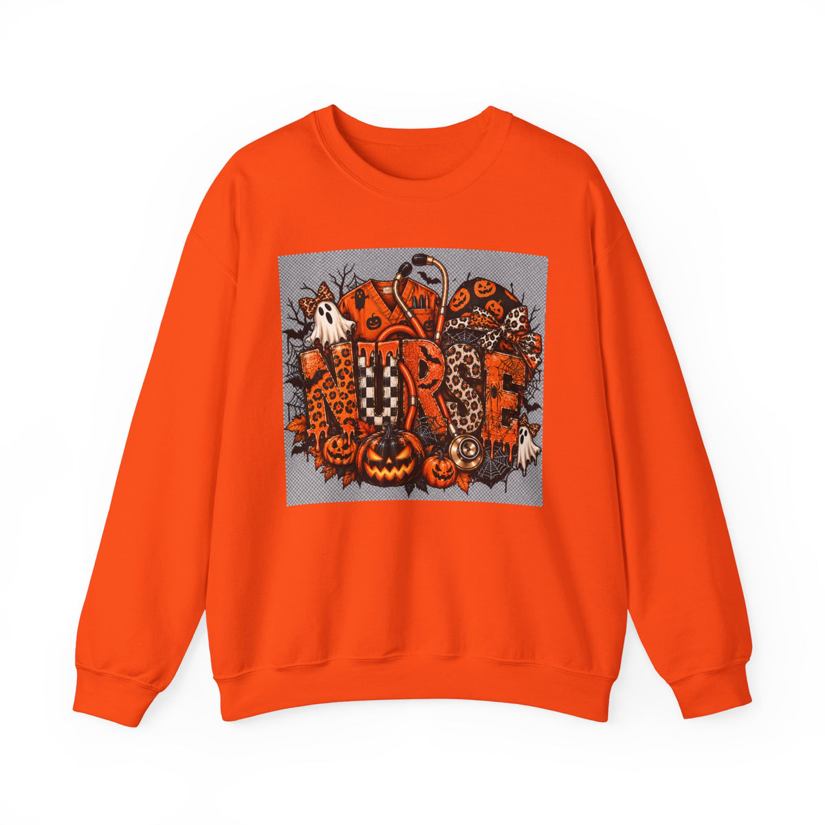 Halloween Patchwork Skull Crewneck Sweatshirt | Pumpkin Ghosts, Orange Black