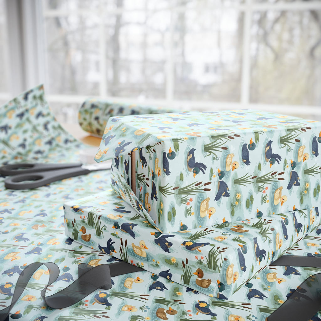 Watercolor Ducks and Reeds Wrapping Paper | Pond Animal Pattern