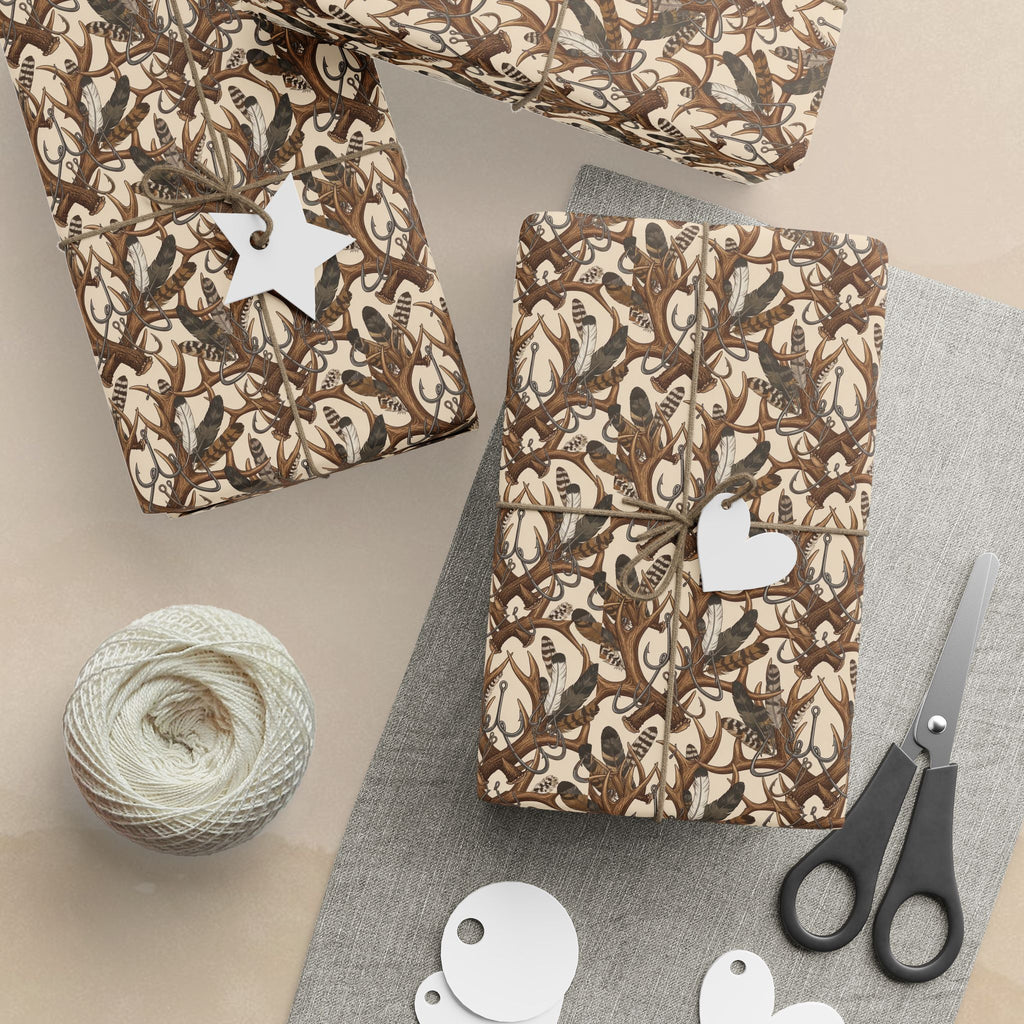 Brown Hunters Antler Pattern Wrapping Paper | Vintage Botanical Gift Wrap