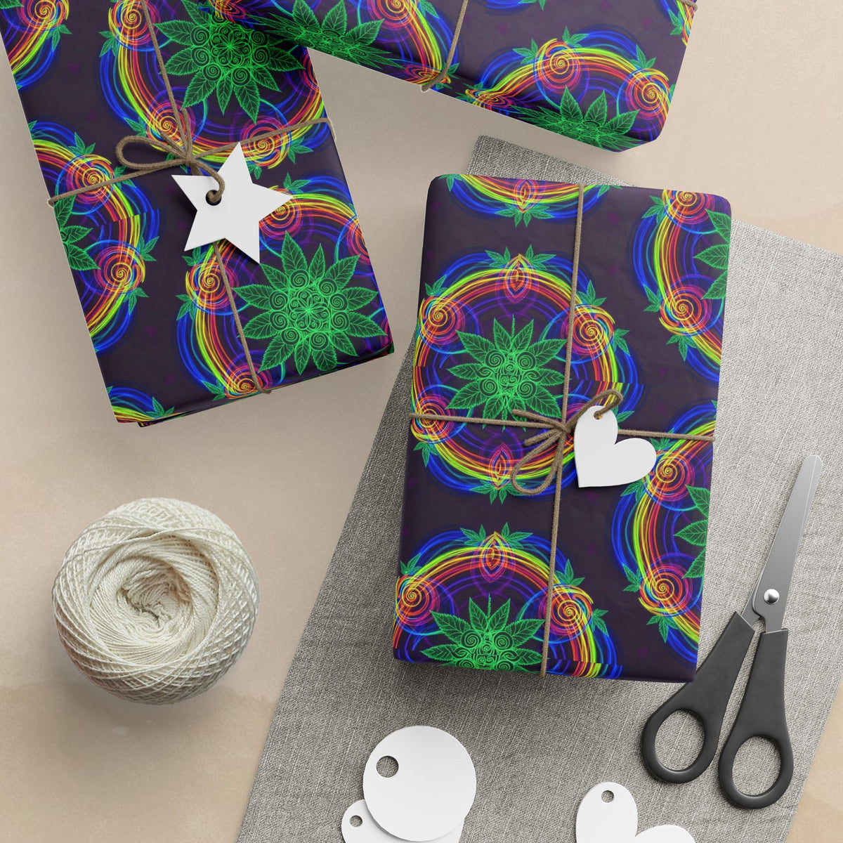 Neon Mandala Marijuana Pattern Wrapping Paper | Psychedelic Floral Gift Wrap