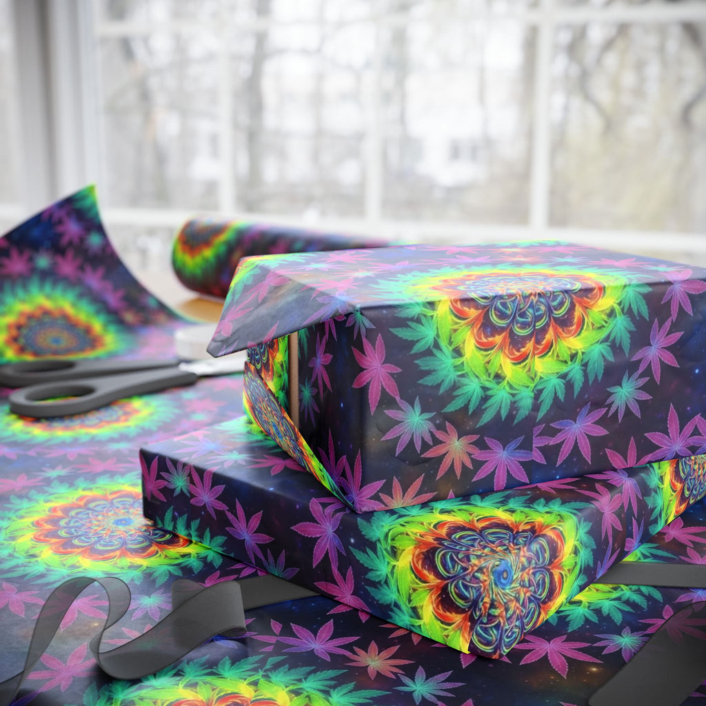 Psychedelic Mandala Marijuana Leaf Pattern Wrapping Paper | Rainbow Tie Dye Circles