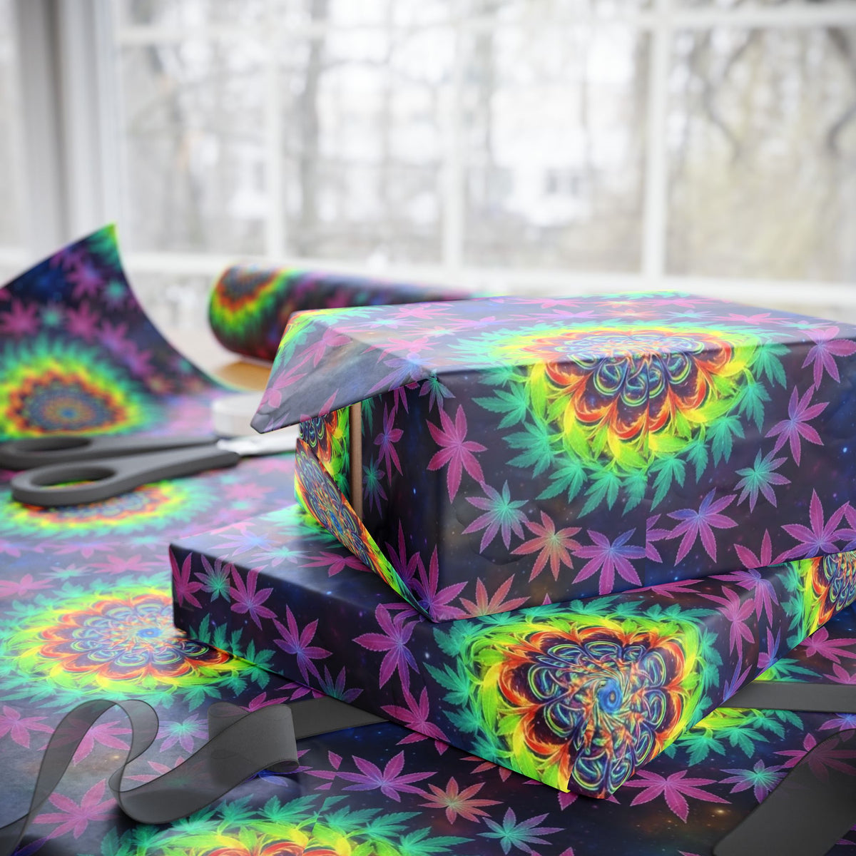 Psychedelic Mandala Marijuana Leaf Pattern Wrapping Paper | Rainbow Tie Dye Circles