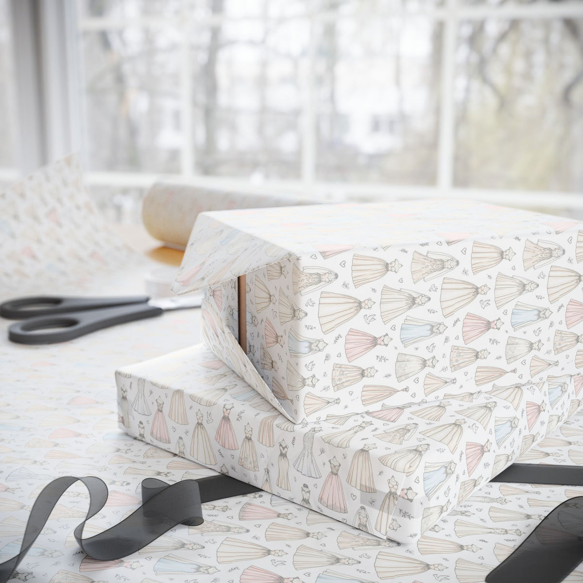 Neutral Pastel Wedding Dresses Pattern Wrapping Paper | Pet-Themed Gift Wrap