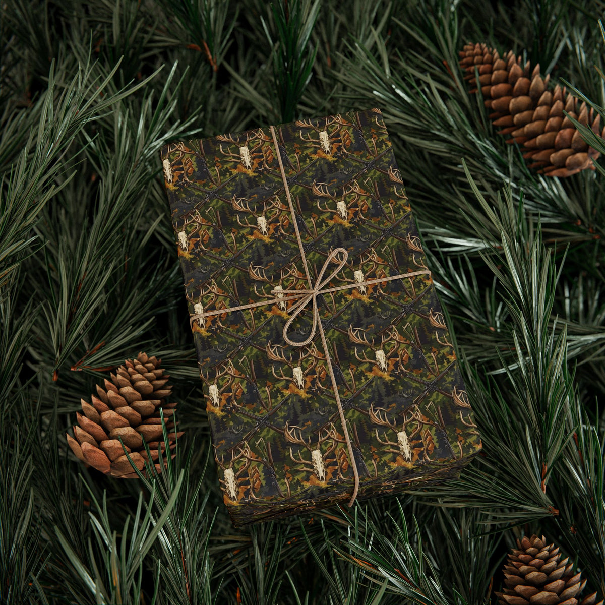 Green Autumn Leaves and Antlers Pattern Wrapping Paper | Nature Leaf Repeat