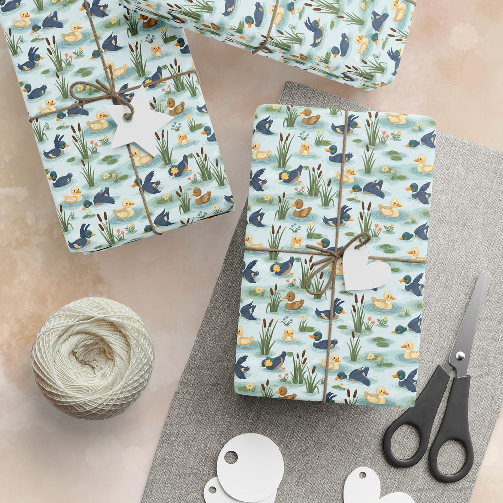 Watercolor Ducks and Reeds Wrapping Paper | Pond Animal Pattern