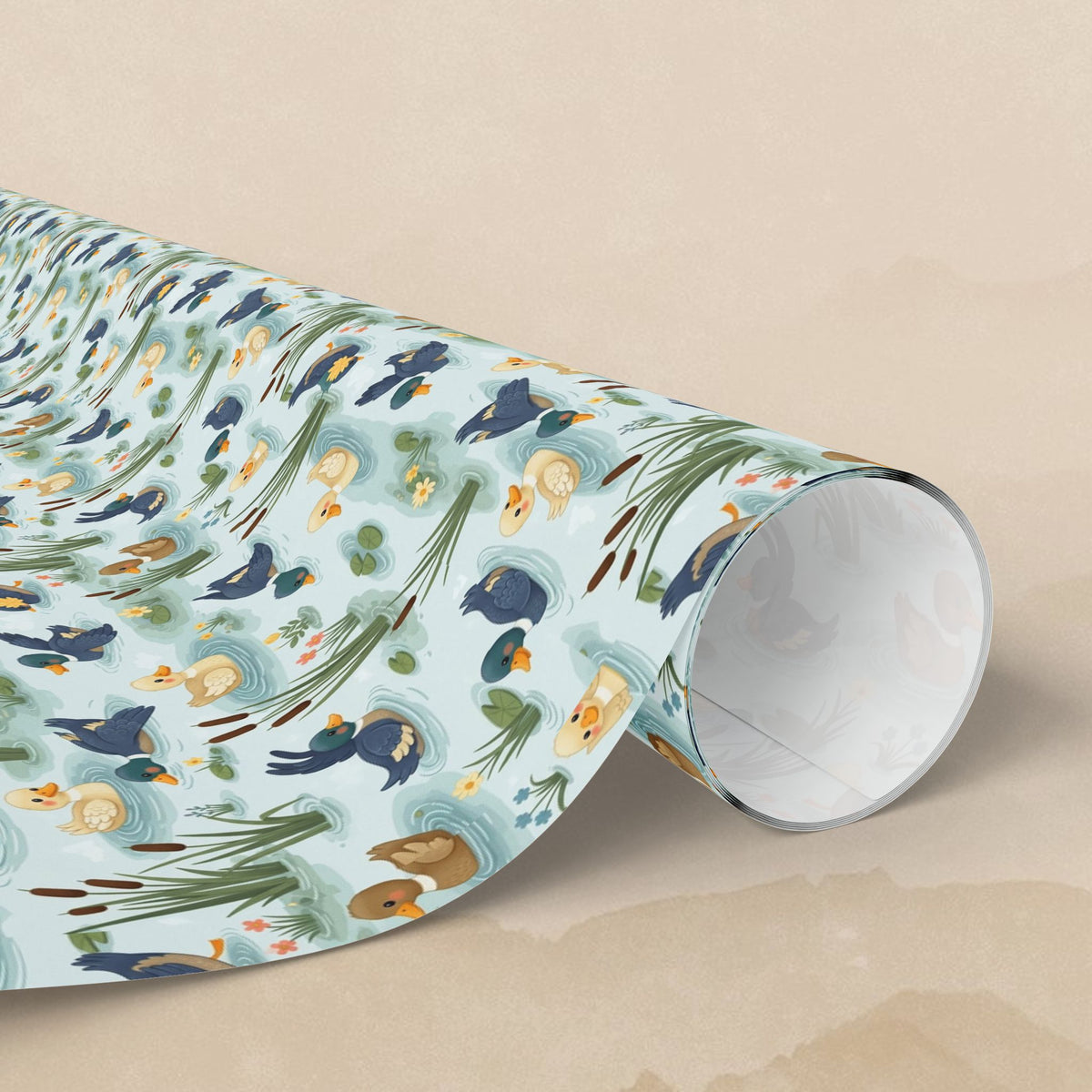 Watercolor Ducks and Reeds Wrapping Paper | Pond Animal Pattern