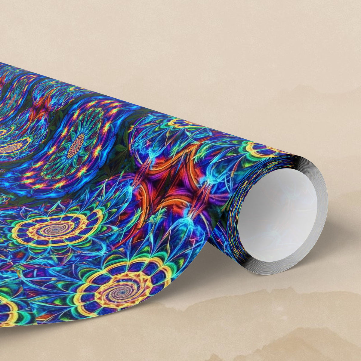 Psychedelic Kaleidoscope Cannabis Floral Wrapping Paper | Blue Mandala Pattern