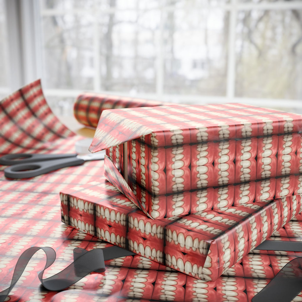 Teeth Wrapping Paper | Red Tooth Pattern Holiday Wrap