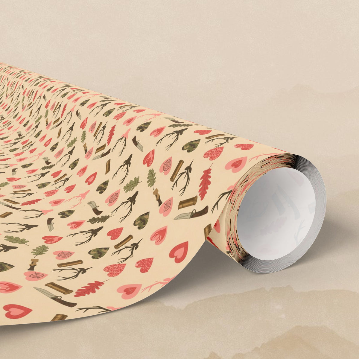 Heart and Camo Pattern Wrapping Paper | Floral Neutral Kraft Roll