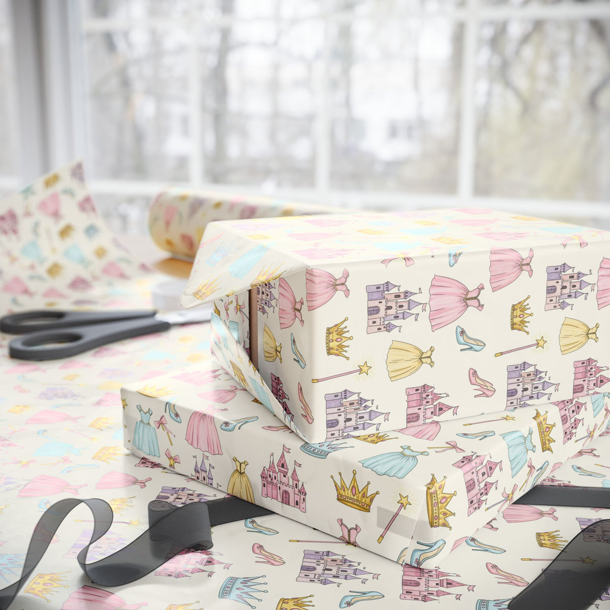 Princess Castles and Crowns Wrapping Paper | Pastel Birthday Party Wrap