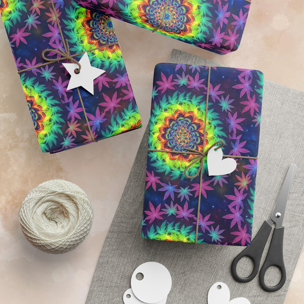 Psychedelic Mandala Marijuana Leaf Pattern Wrapping Paper | Rainbow Tie Dye Circles