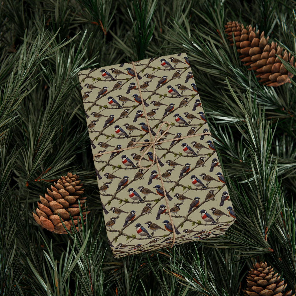 Vintage Bird Pattern Wrapping Paper | Songbirds on Branches, Neutral Tones