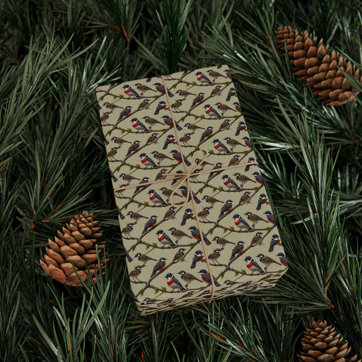 Vintage Bird Pattern Wrapping Paper | Songbirds on Branches, Neutral Tones