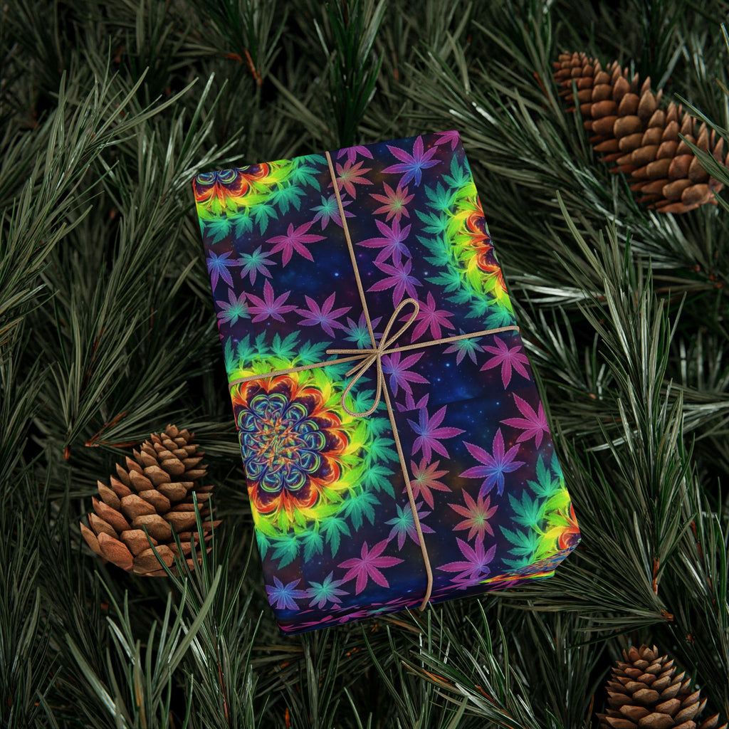 Psychedelic Mandala Marijuana Leaf Pattern Wrapping Paper | Rainbow Tie Dye Circles