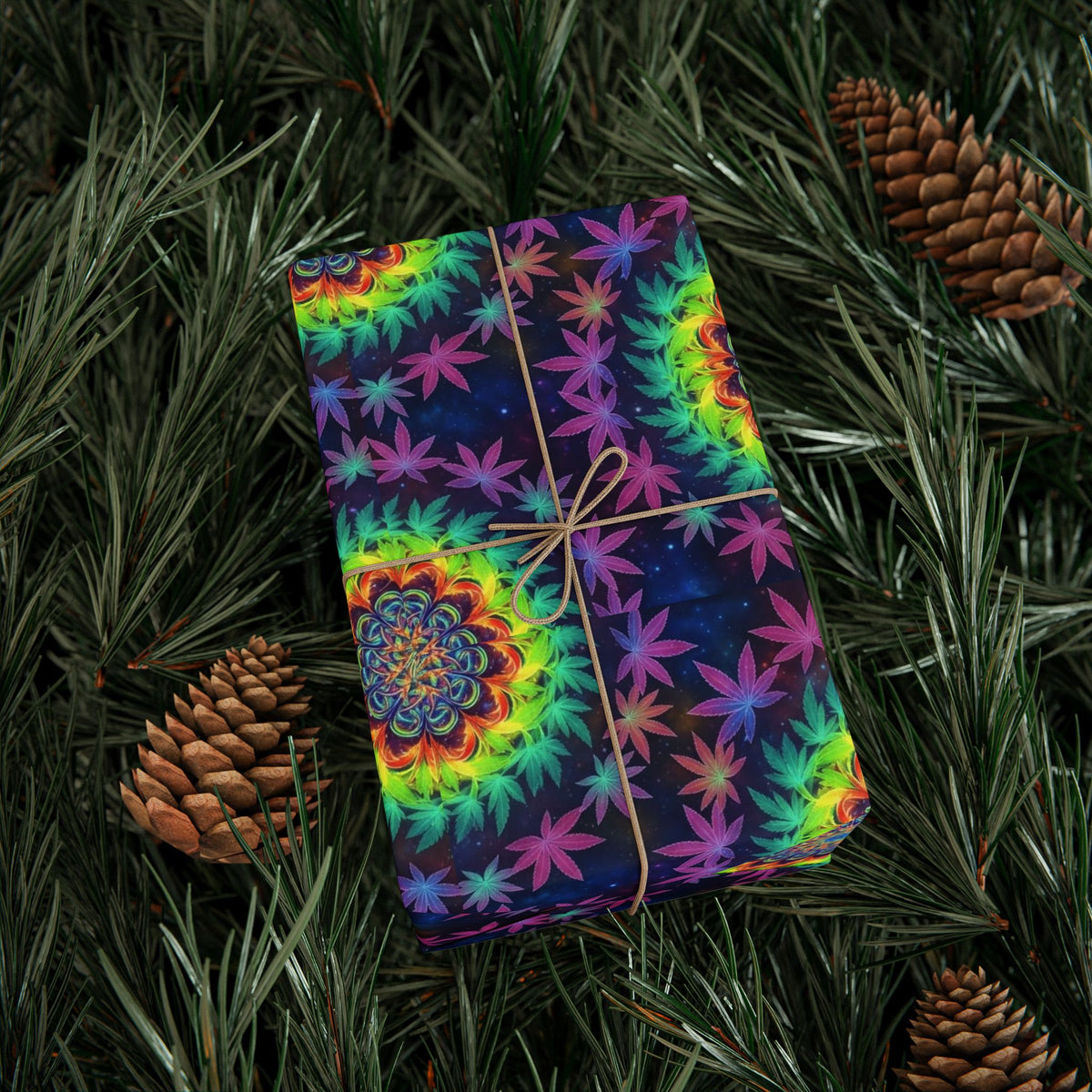 Psychedelic Mandala Marijuana Leaf Pattern Wrapping Paper | Rainbow Tie Dye Circles