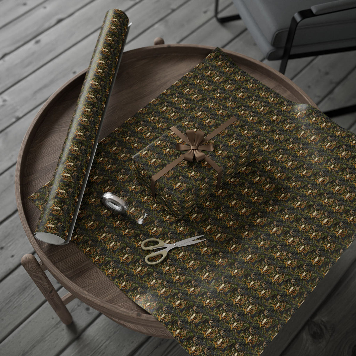 Green Autumn Leaves and Antlers Pattern Wrapping Paper | Nature Leaf Repeat