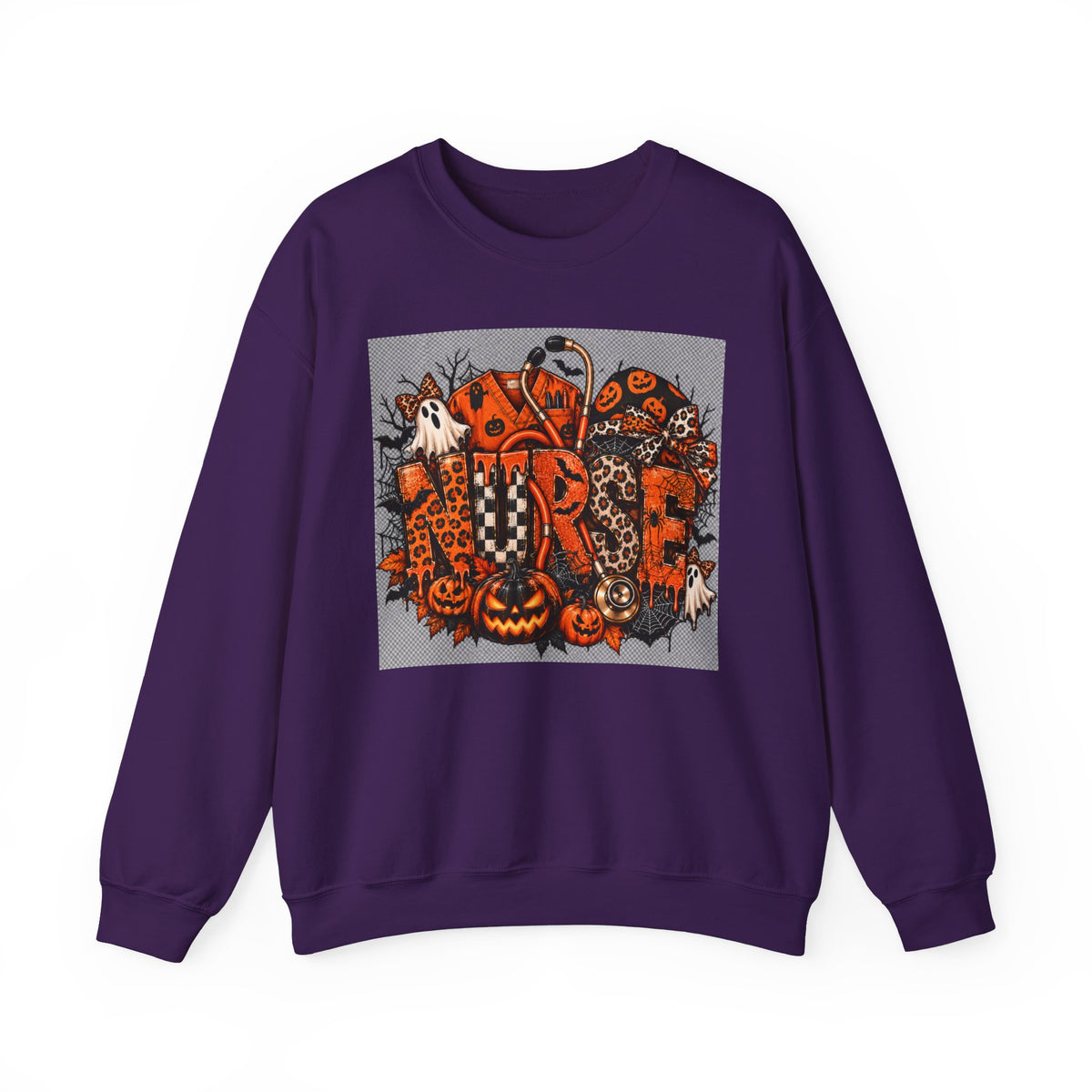 Halloween Patchwork Skull Crewneck Sweatshirt | Pumpkin Ghosts, Orange Black