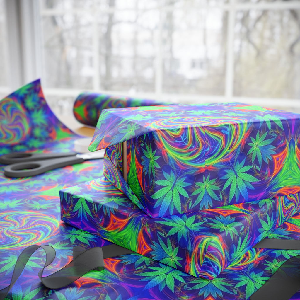 Psychedelic Cannabis Leaf Pattern Wrapping Paper | Neon Swirl Gift Wrap