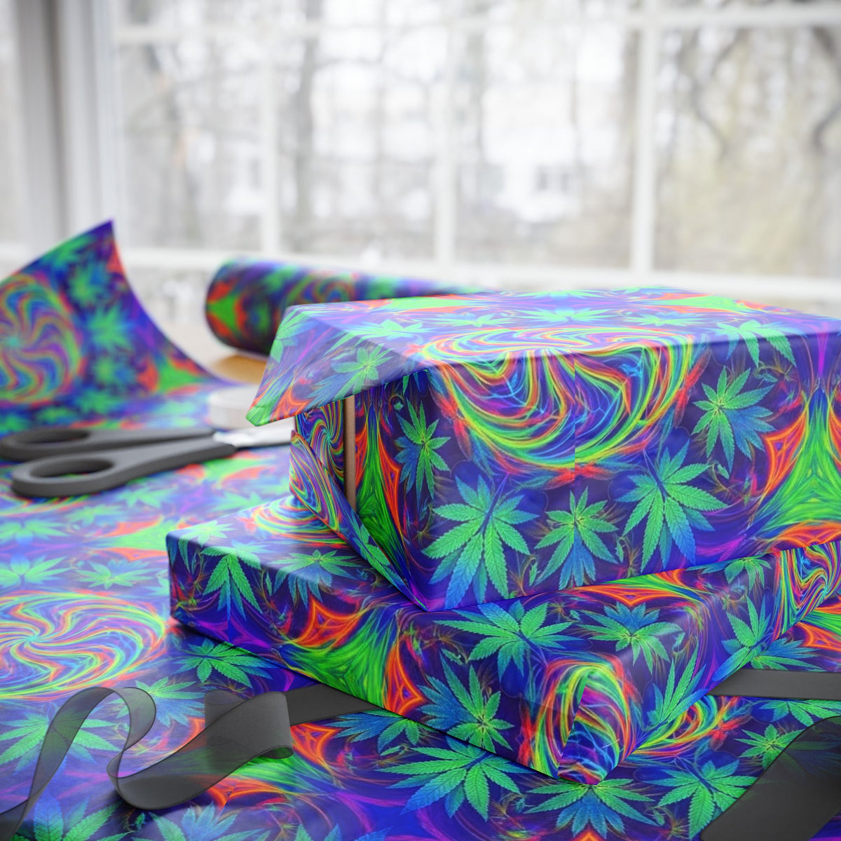 Psychedelic Cannabis Leaf Pattern Wrapping Paper | Neon Swirl Gift Wrap