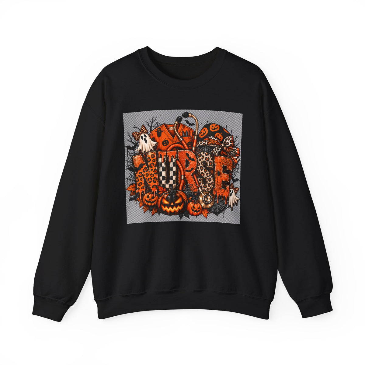 Halloween Patchwork Skull Crewneck Sweatshirt | Pumpkin Ghosts, Orange Black