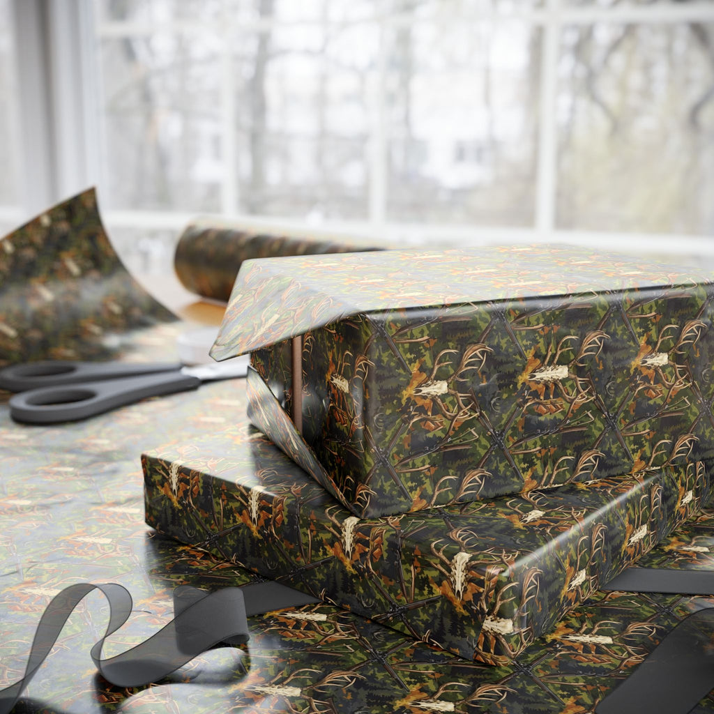 Green Autumn Leaves and Antlers Pattern Wrapping Paper | Nature Leaf Repeat