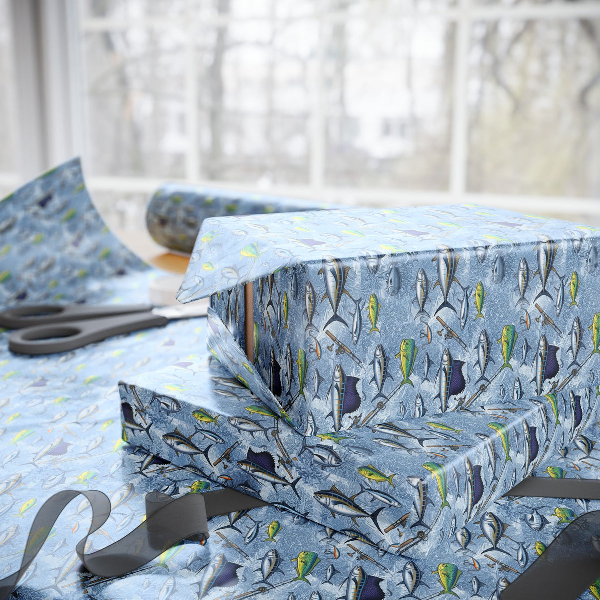 Blue Deep Sea Fish Pattern Wrapping Paper | Watercolor Rain Drop Roll