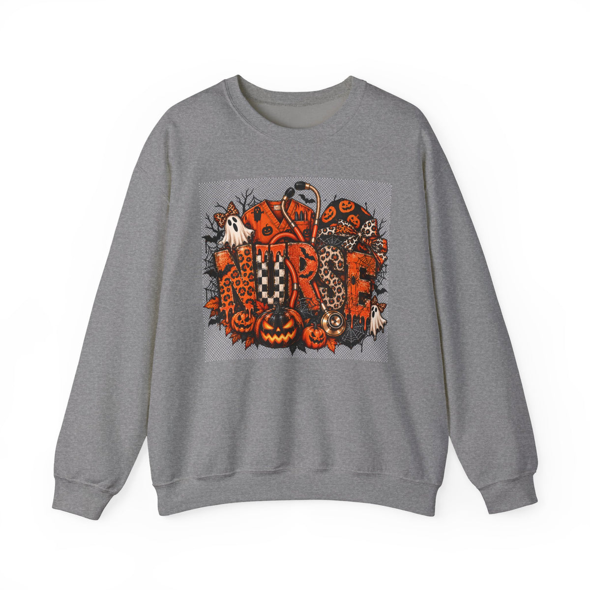 Halloween Patchwork Skull Crewneck Sweatshirt | Pumpkin Ghosts, Orange Black