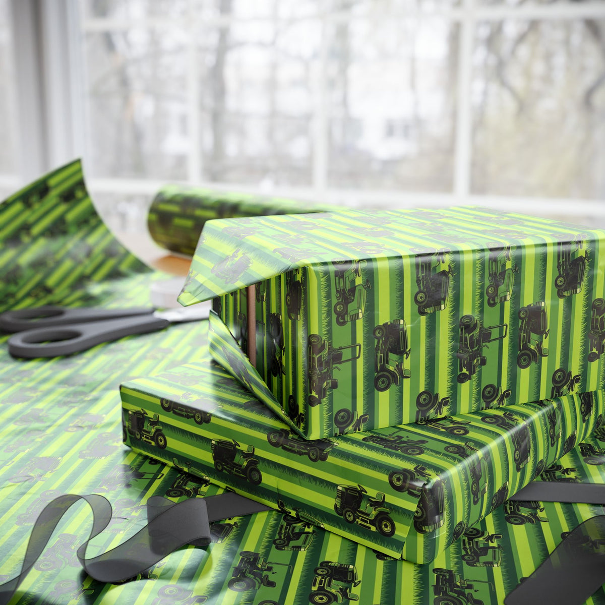 Green Lawn Mower Pattern Wrapping Paper | Farm Vehicle Gift Wrap