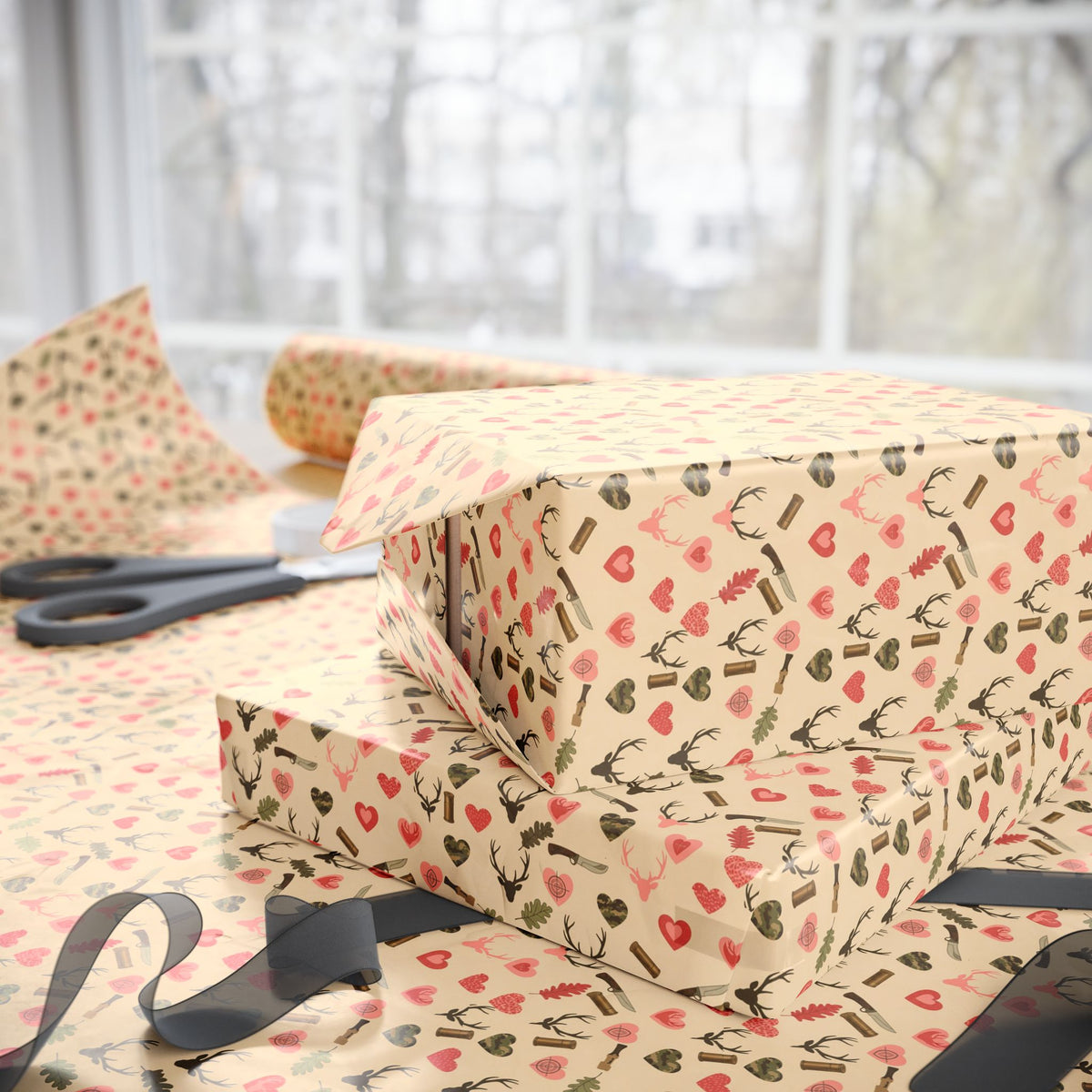 Heart and Camo Pattern Wrapping Paper | Floral Neutral Kraft Roll