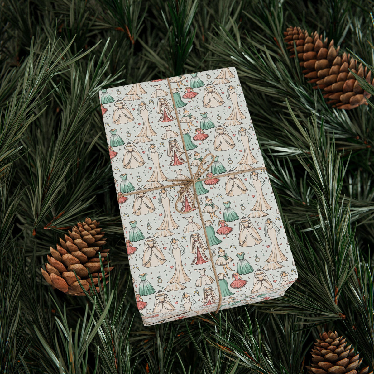 Hand-Drawn Wedding Dresses Wrapping Paper | Mushroom Pattern Gift Wrap