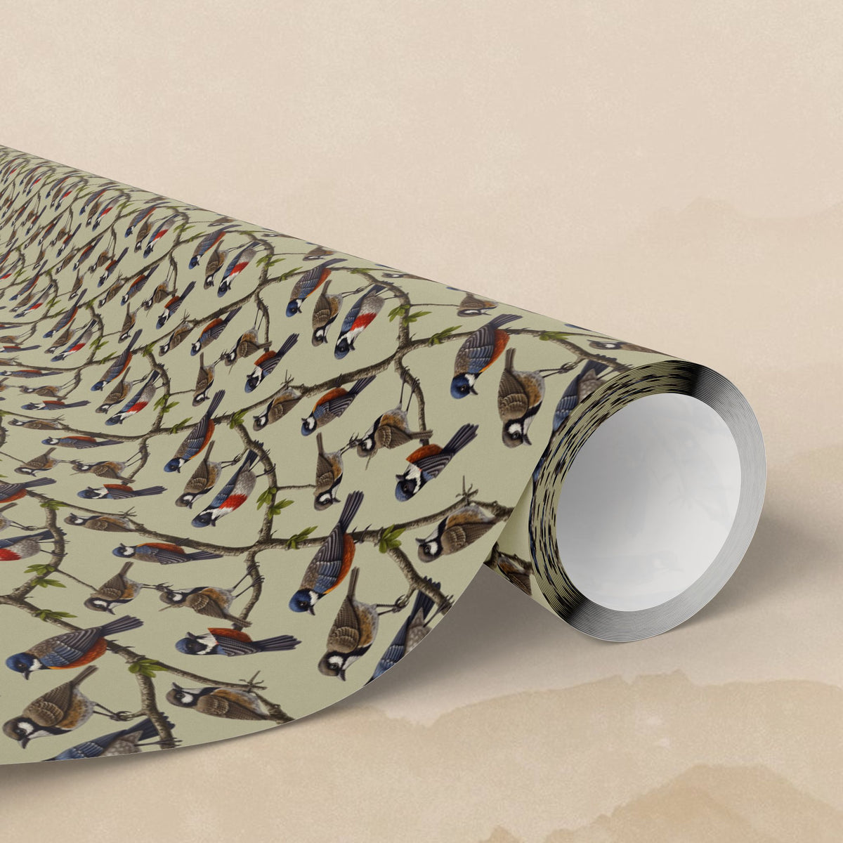 Vintage Bird Pattern Wrapping Paper | Songbirds on Branches, Neutral Tones
