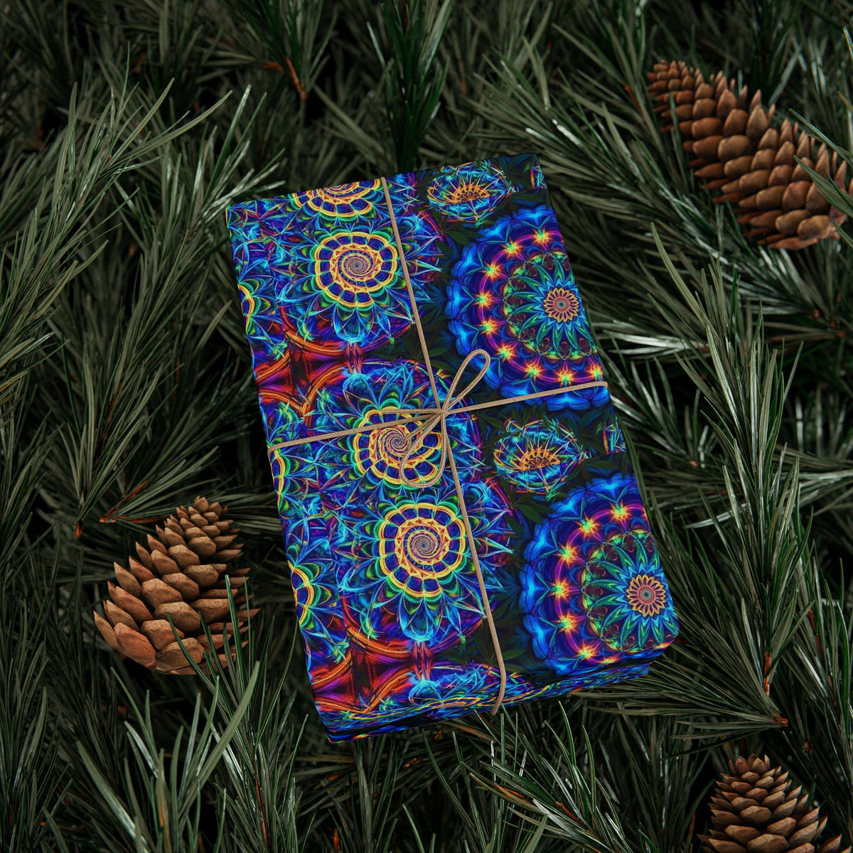 Psychedelic Kaleidoscope Cannabis Floral Wrapping Paper | Blue Mandala Pattern