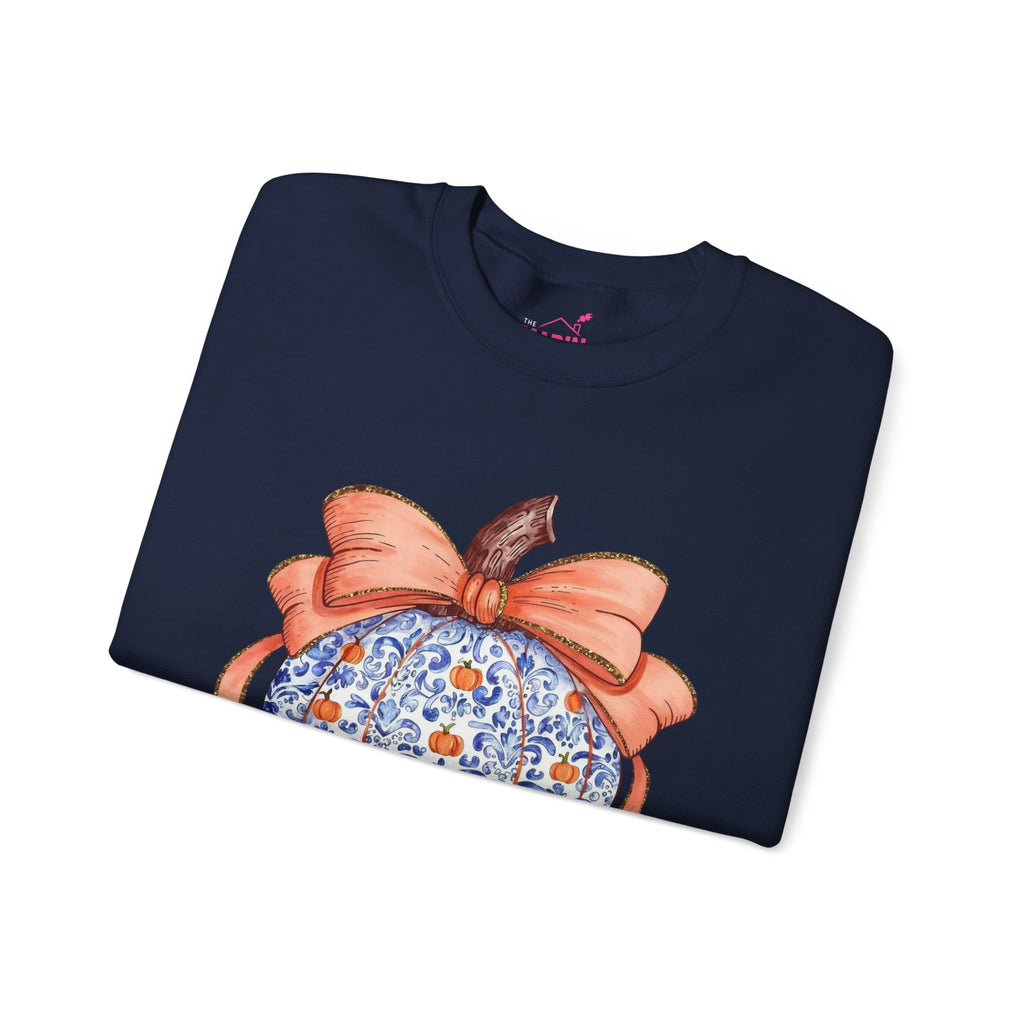 Blue Pumpkin Bow Sweatshirt | Preppy Fall Crewneck